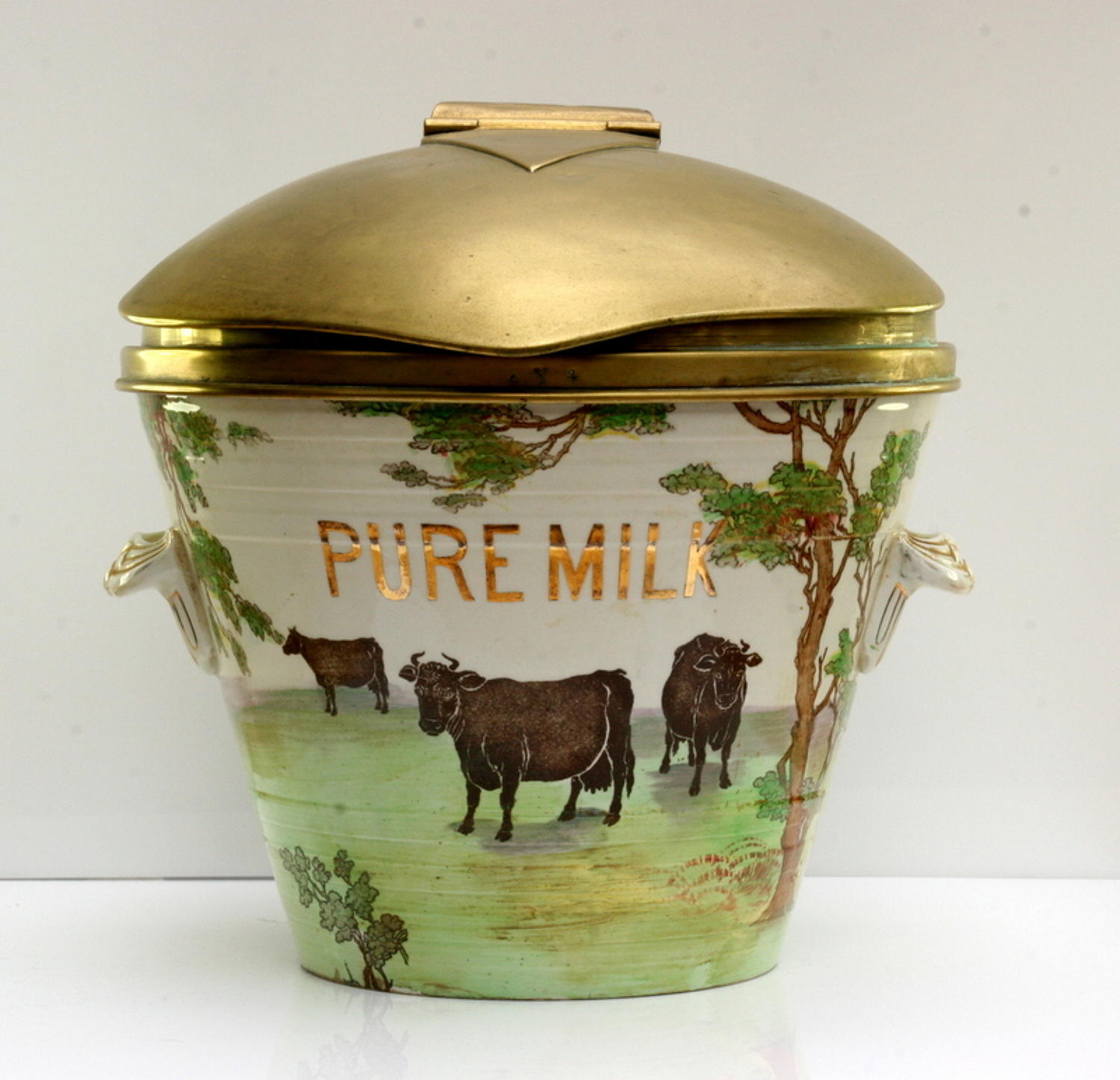 Large ceramic /pottery Pure Milk pale with original brass lid, kitchen