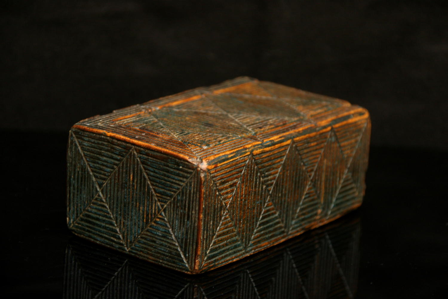 19th Century Treen Painted box with geometric carving .