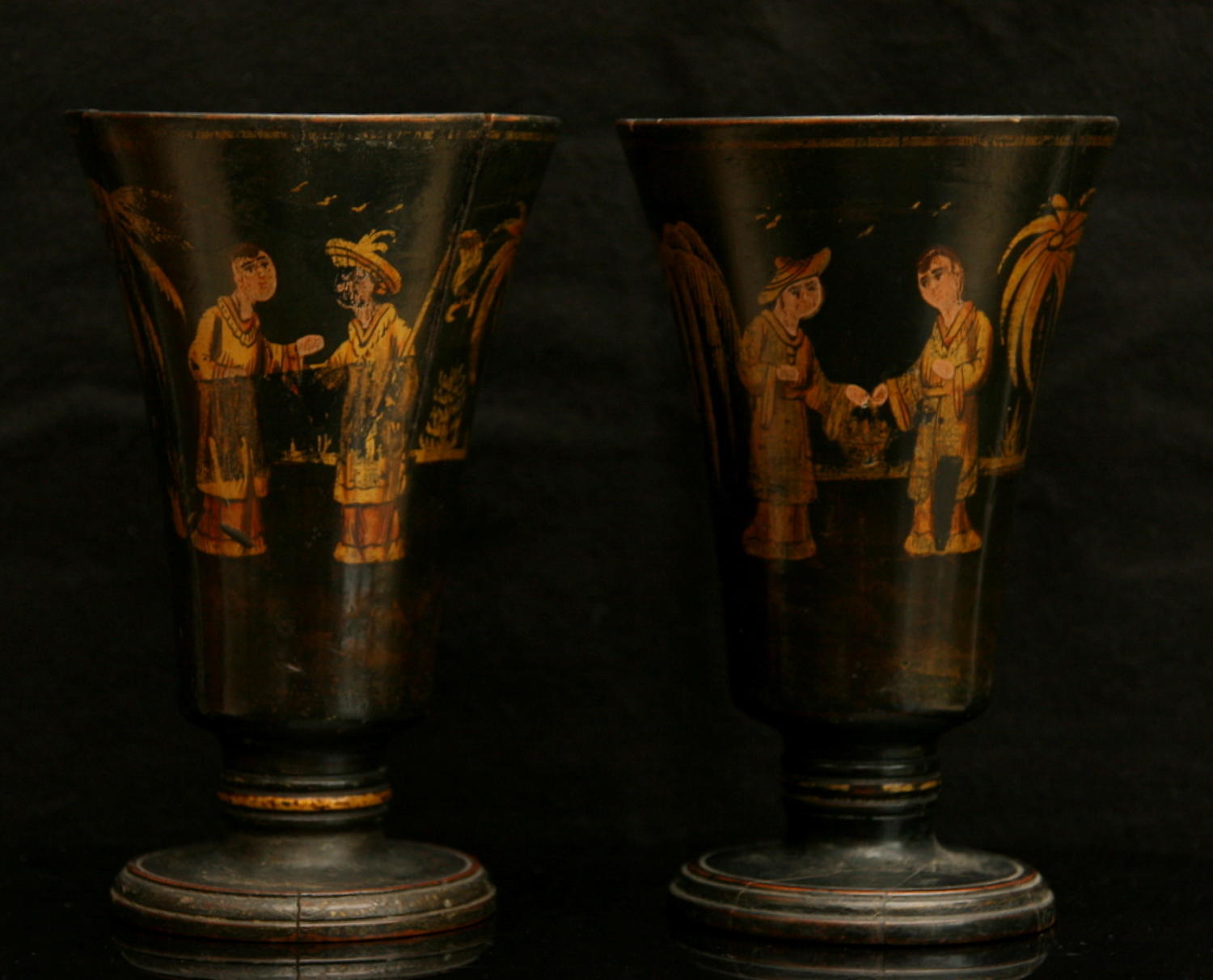 A Fine Pair of Treen Spill Vases with chinoiserie Decoration