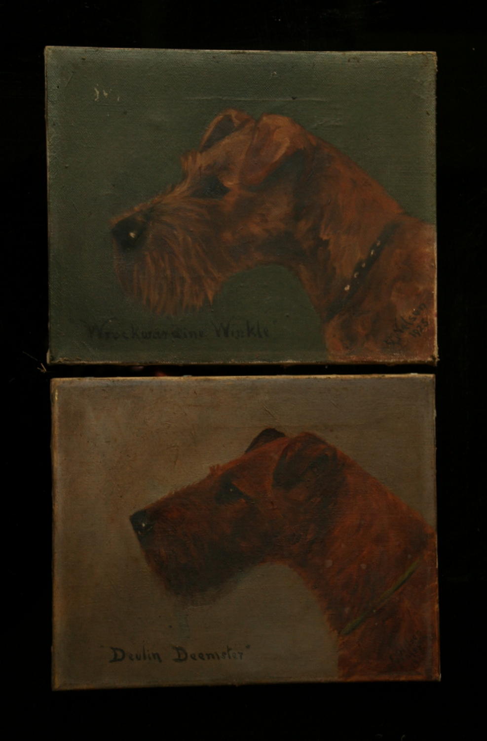 Primitive Pair of Dog (Terrier) oil paintings