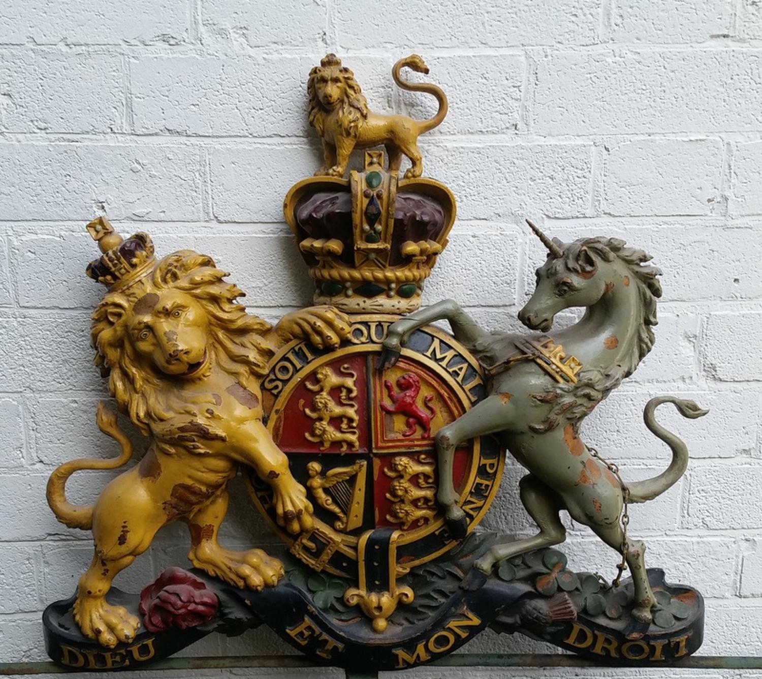 Carved wooden and painted Royal coat of Arms / Armorial late  19th cen