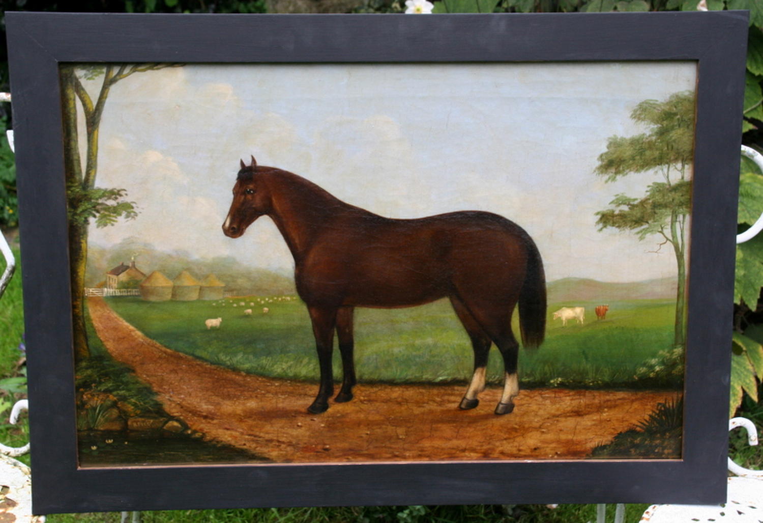 Naive Horse and Farmstead oil on Canvas painting 1879