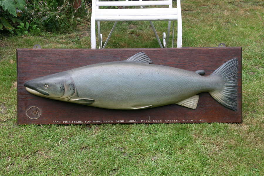 Trophy carved Wooden Salmon 1931.