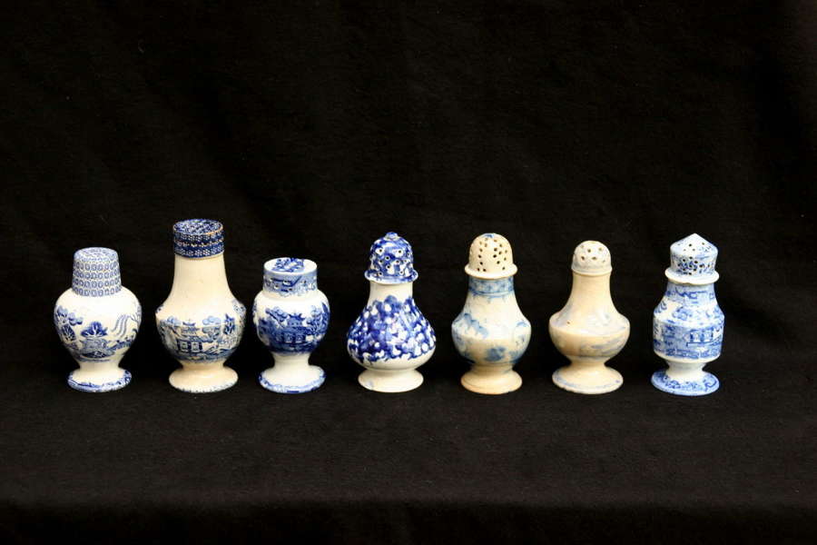 Various Blue and white English Victorian Pottery Muffineers