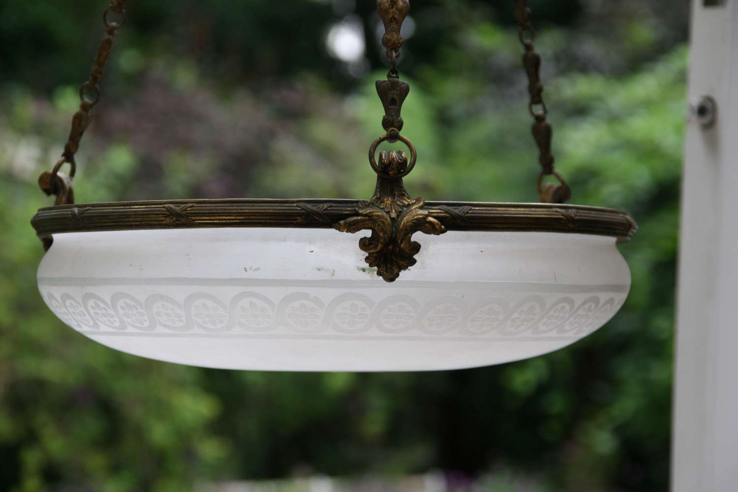 French Glass and Brass hanging lamp early 20th century
