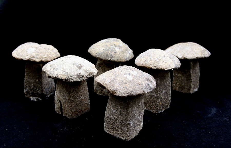 6  Miniature Carved Stone Saddle Stones, c.1900